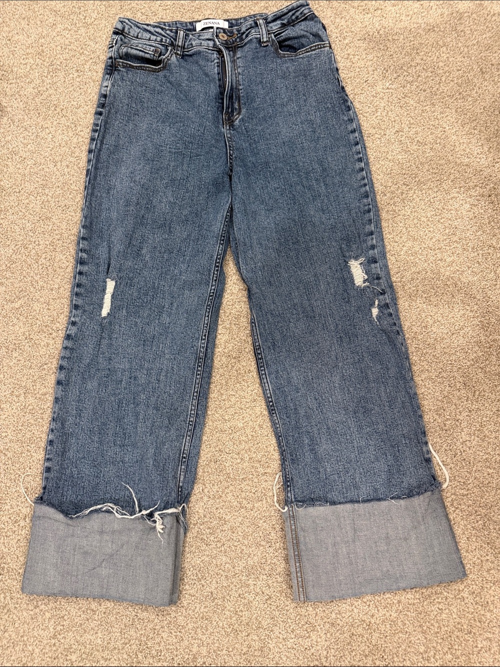 Zenana Outfitters women’s Distressed Medium Blue Wide-Leg Cuffed Jeans